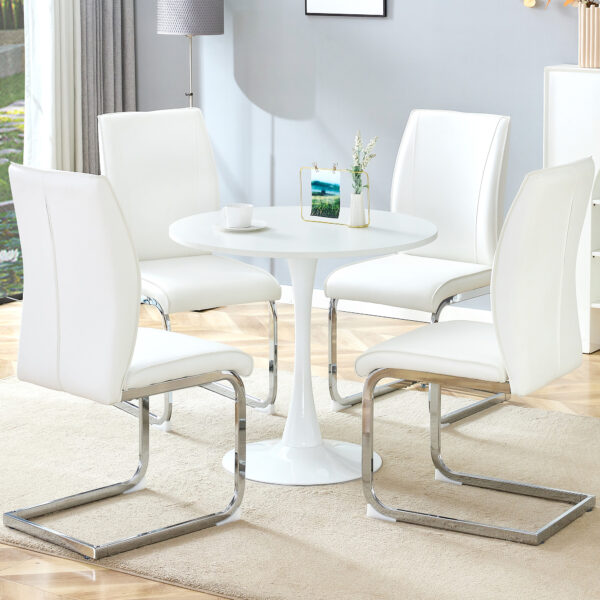 111317820f9b4bb48afc14aa15a99856_55903cb766c97720cac0bd65b43278fa Table and chair set.Hourglass-Shaped Stable Small Round Table -31.9" * 31.9" With 4 Soft and Comfortable White PU Chair With Arched Metal Silver Leg.Create Your Exclusive Low-Key Luxury Space.