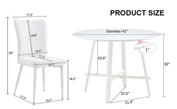1117b53a7cb44f11ae381e8841facb58_9bb71a66b6931df9341d973538ab4fb2 Table and chair set, MDF desktop, white metal table legs, stable and beautiful, suitable for most styles of home. Modern simple dining table, comfortable seating.