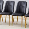 4 modern dining chairs, sleek PU leather backrest, and gold metal legs bring a comfortable home experience to the kitchen, bedroom, and office.