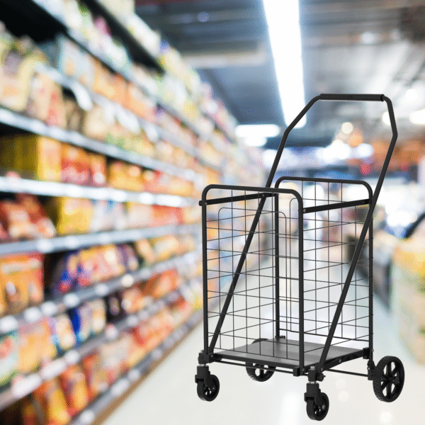 Shopping Cart with Shelf,Grocery Cart on Wheels, Foldable Utility Shopping Carts with Double Basket and 360° Rolling Swivel Wheels for Groceries Laundry