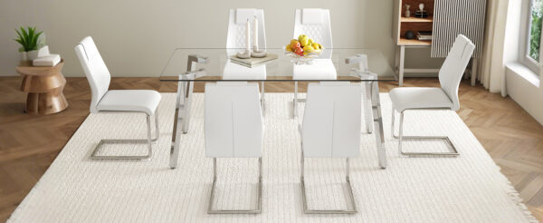 1165f99eae364ca98c9730019a2d95ca_243d929c7e3a20112a7e0db1896e06cf Table and chair set.71 * 35.4 inch rectangular dining table.Tempered Glass Tabletop,Silver 7-shaped Metal Table Legs.Paried With 6 White High-quality PU Chairs With Arched Metal Legs.