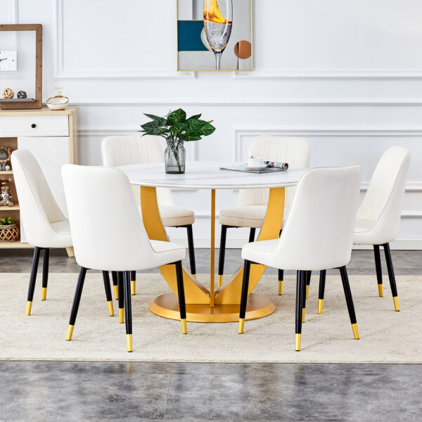 11816ea95f5d4d93a01bb9ca1bf48528_a097b949fd5feffa92f23cb9be81bdfa Table and chair set.Luxurious Snow Mountain White Slab Round Dining Table Set - 47"x47" with 6 White PU Chairs.Sintered Stone Tabletop,MDF Table Leg,