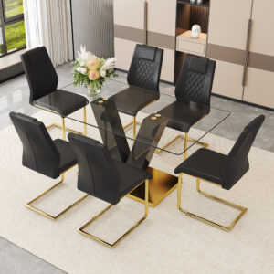 Table and chair set.Luxurious Tempered Glass Dining Set - 63"x35.4" with 6 Comfortable Black PU Chairs With Golden Arched Metal Legs .V-Shaped Support Design Table Leg.