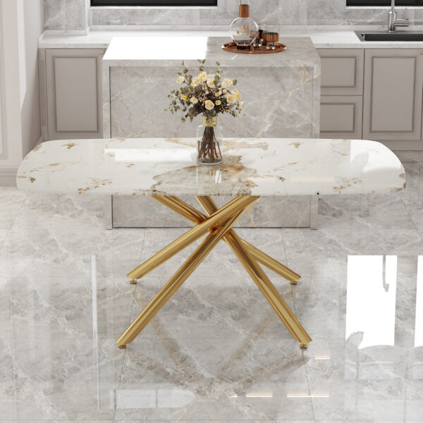 11a0d509f42c4b32ba75015049747f07_4f46efb96811934b97d632e8e7109a14 Large modern minimalist rectangular dining table with 0.39 "imitation marble tabletop and golden metal legs, suitable for kitchen, dining room, living room, conference room, and banquet hall 1537