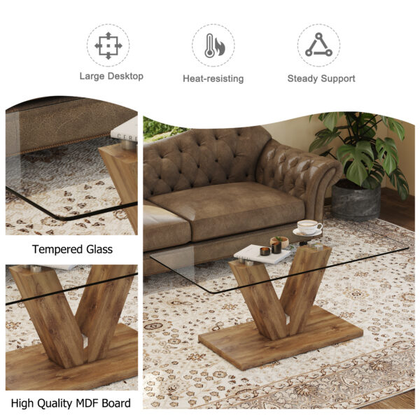 11a3a7b834fc456c8c26ff36bc486bb3_20240321_e4c54a57702b662e75b3adc1ad641dc5 A modern minimalist style coffee table. Transparent tempered glass tabletop with wooden MDF columns. Suitable for living room and dining room. CT-V