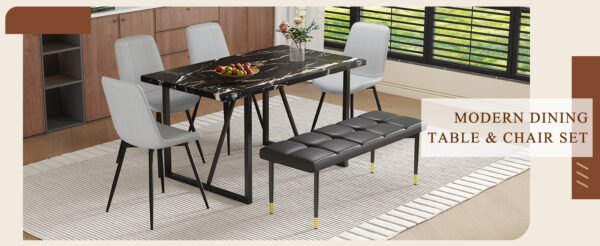 11a67d2996e740f9aa4c354bb9c42d83_366943da14e66d9d1795167897a04f38 Table and chair set.Modern Black Marble Pattern MDF Dining Table Set - 55"x31.4" with 4 Extended Seat Cushion PU Dining Chairs and 1 Bench,A Choice of Subtle Luxury for Modern Homes.