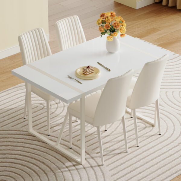 11b8a69cd0c44e0aa92a0009948941a7_b069eae925c14b7a9b5d9131372c1245 55"x31.5"Cream-Style White MDF Dining Table Set with 4 Armless Chairs.The backrest of the dining chair is designed with multiple vertical stripes.Adding a warm atmosphere to your family.
