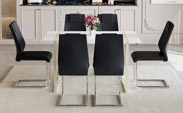 11d3a294eeae42c1b35eb58ebcdb5f8b_7c7efb42b017f7dab928a4151a250006 Table and chair set.55"x31.4" Cream-Style White MDF Dining Table Set with 6 Black Chairs With Silver Metal Legs.MDF Tabletop and metal frame legs.Adding a warm and gentle atmosphere to your family.