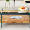 43.3 Inch Modern Two-Tier Coffee Table - Clear Tempered Glass and Natural Wood Grain, Multifunctional Storage Design.The bottom tier includes a drawer.Can be used as a coffee table,side table,etc.
