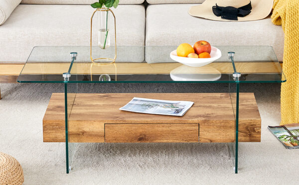 11e1aba8900546efa91b4e42ee037119_79b54c93c3592b10815f63d037296a77 43.3 Inch Modern Two-Tier Coffee Table - Clear Tempered Glass and Natural Wood Grain, Multifunctional Storage Design.The bottom tier includes a drawer.Can be used as a coffee table,side table,etc.