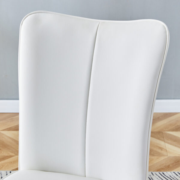 11e65fc326ae4e138cf8bed210ed1b95_ae906f59fe86aa9c331752baef4b86fc Table and chair set.64.5x35.4 Inch Stylish White Marble Textured Dining Table.Paried With 4 White PU Chairs with a vertical stripe design on the backrest.Create Your Exclusive Low-Key Luxury Space.