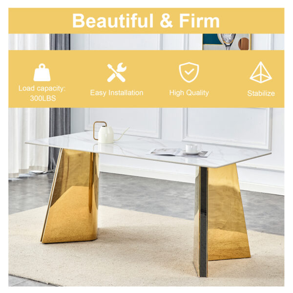 11eade3fa6ea47e2a5bd3f4641f1ffa7_a3d1a3336584f0d1fc48ef5b0613aafb Table and chair set.63"x31.5x30" Luxurious Snow Mountain Patterned Sintered Stone Table with Golden Stainless Steel Butterfly Legs.Paried With 4 Black High-quality PU Chairs With Arched Metal Legs.