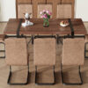 Table and chair set.Industrial Style Walnut-Colored Rectangular Dining Table - 71"x39.3" Large Size.Paired with 8 brown technology fabric chairs with Featuring arched black Metal legs.