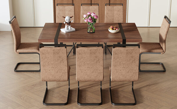 11f5580c12fa49a0b5849ea79c9487d9_95987b3e7057d3ad562d272308c15ee2 Table and chair set.Industrial Style Walnut-Colored Rectangular Dining Table - 71"x39.3" Large Size.Paired with 8 brown technology fabric chairs with Featuring arched black Metal legs.