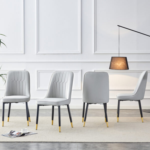 11f773651f194df0ac56b7333e95f6a8_20231107_4f0fe7350761e9f0cf76c1ba3ff54807 Modern dining chairs are equipped with light gray PU artificial leather backrest cushions and black metal legs, suitable for restaurants,kitchens,and bedrooms.Set of 4pieces (light gray+PU)W1151118943