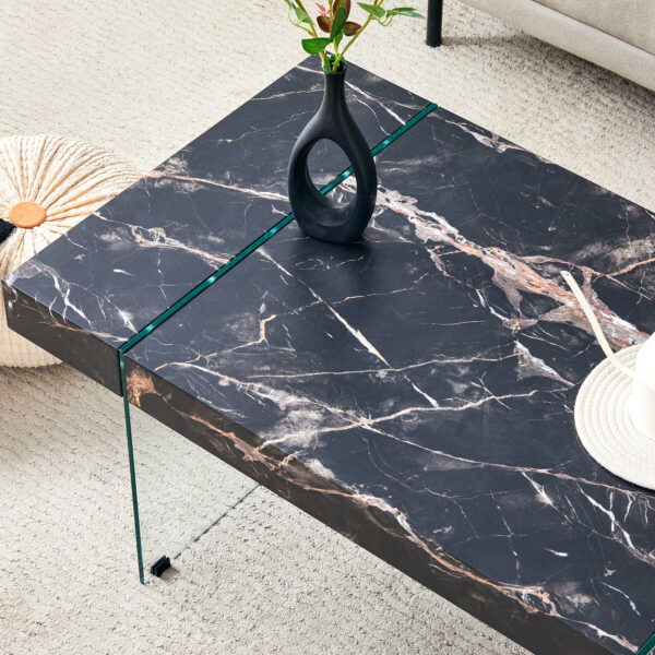 11fbbdc45992454faacdf31741f3b3c7_ed2ef232dc2e461c607e6cdd78517e0a 43.3"x23.6" Black Marble-Patterned MDF Coffee Table with Tempered glass legs.Suitable for Living Room.It can be used not only as a coffee table but also as a side table or display stand.