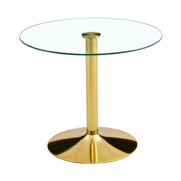 12011334b21e48c9b4a4c349d18f3786_731329cb75e30ac48b69284cb1cbb2ef A 35-inch diameter glass top and a modern, minimalist round dining table with gold metal legs. Ideal for dining rooms, living rooms and meeting rooms.