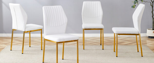 1201c956835a4b39ad7294a929d0b7a4_3bfb1f67f9f7ec66bef9aef65e7e521c Luxury Simple Chair - Set of 4 White PU Material High Resilience Dining Chair with Metal Gold Leg.The Chair Back Has a Vertical Stripe Design With Smooth And Uniform Lines.