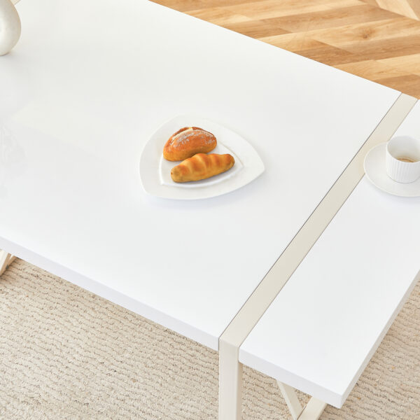 12042f38dc624244babb167bc5c07587_880035ae7a3e64ec738afda1006df968 Industrial rectangular MDF Cream style dining table for 4-6 people with 1.5 inch thick MDF top and white metal legs frame for work desk, kitchen, terrace, dining room