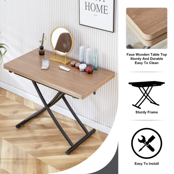 Modern minimalist multifunctional lifting table, with a 0.8-inch wood grain process sticker desktop and black metal legs, can be used as a dressing table, coffee table, dining table, and office table