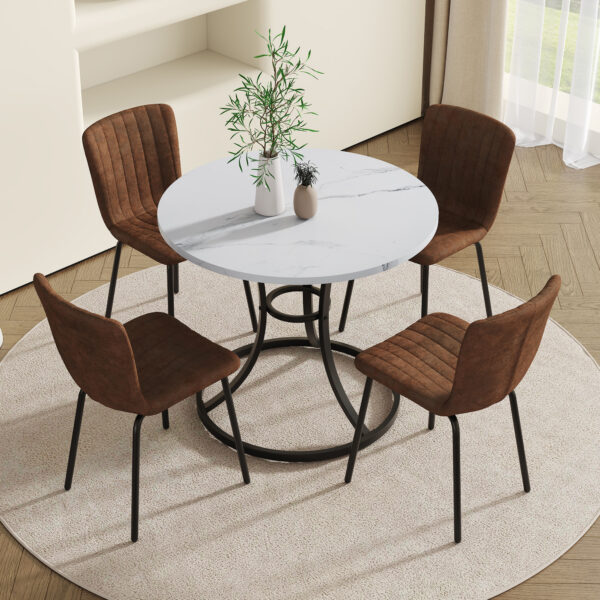 122a3d832d43453cab234a61fe7f0f1c_2694fbaa9d5c1ac12ec95ebb2af14ebb Table and chair set.A Modern Minimalist Circular Dining Table With A Diameter Of 33.3 Inches.Paired With 4 High Quality Brown Dining Chairs Made Of Technology-Fabric.Iron pipe spraying Legs.