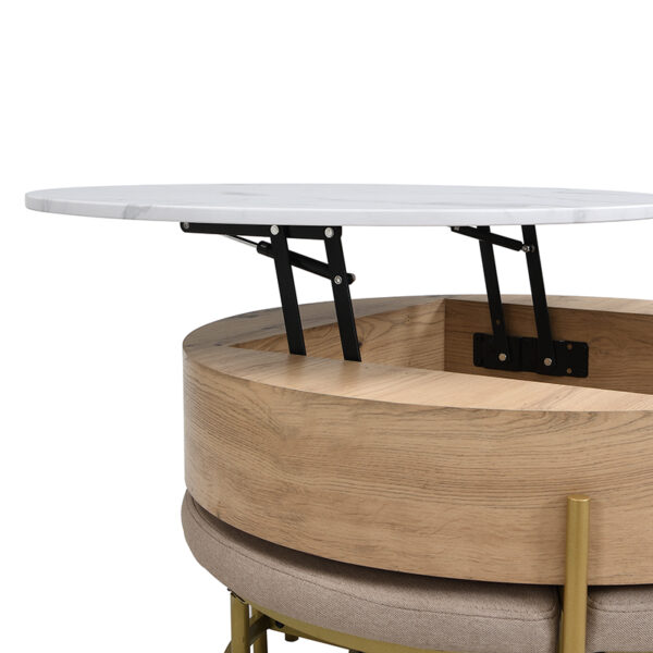 Modern Round Lift-Top Coffee Table with Storage & 3 Ottoman White & Natural
