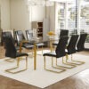 Table and chair set.71 * 35.4 inch rectangular dining table.Tempered Glass Tabletop,Golden 7-shaped Metal Table Legs.Paried With 8 Black High-quality PU Chairs With Arched Metal Legs.W1151S03301