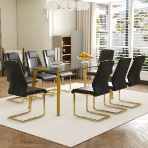 Table and chair set.71 * 35.4 inch rectangular dining table.Tempered Glass Tabletop,Golden 7-shaped Metal Table Legs.Paried With 8 Black High-quality PU Chairs With Arched Metal Legs.W1151S03301