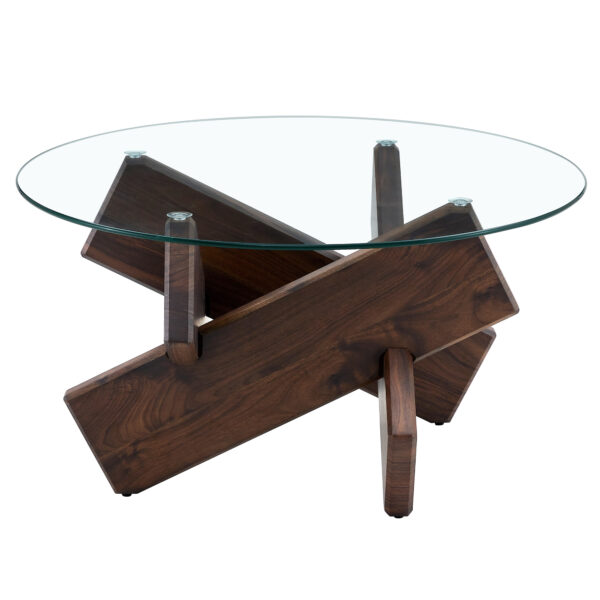 126db9f2ad6c4c0db85026a984832121_a51ec9998857a489e9dace9b94dd52ef Round glass coffee table, 33.4" modern design unique coffee table. Tempered glass top with Walnut colored texture sticker MDF legs. Suitable for living and dining rooms
