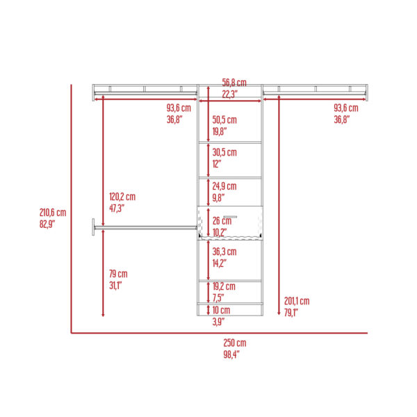 ISO Closet Manchester 250 Cross Closet System, One Drawer, Three Metal Rod, Five Open Shelves