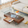 43.3 Inch Modern Two-Tier Coffee Table - Clear Tempered Glass and Dark Wood Grain, Multifunctional Storage Design.The bottom tier includes a drawer.Can be used as a coffee table,side table,etc.