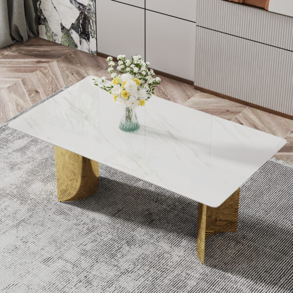 1288b726f8b24bcc92b443b69106859d_20231122_f7544e97328895d32ceab81ba7048b41 Modern minimalist dining table. The white imitation marble glass desktop is equipped with golden metal legs. Suitable for restaurants and living rooms 71 "* 39.3" * 29.5 "DT-69