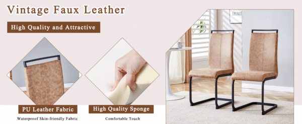 Table and chair set.A retro rectangular dining table with a wood color fishbone textured top and black metal legs.Paired With 6 Brown technology fabric chairs with Featuring arched black legs.