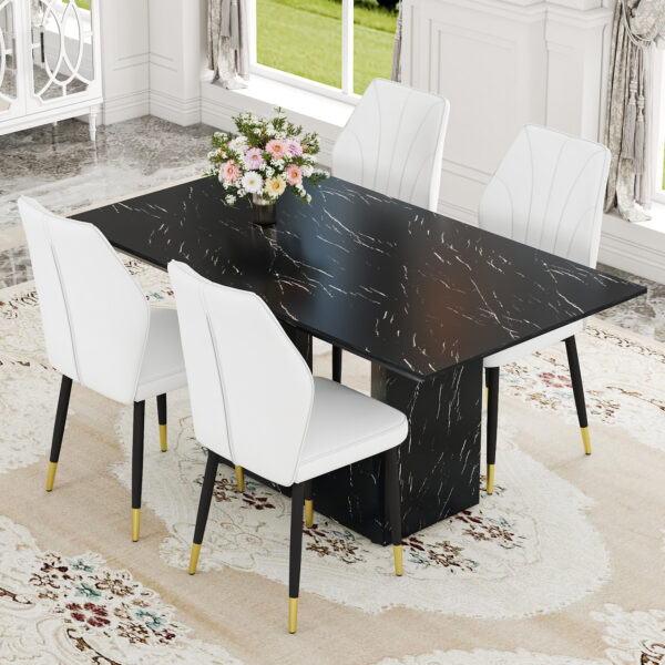 Table and chair set.Black Marble Pattern MDF Dining Set - 63"x35.4" with 4 White PU Chairs With a Widened Backrest Design.Giving you a luxurious feel.