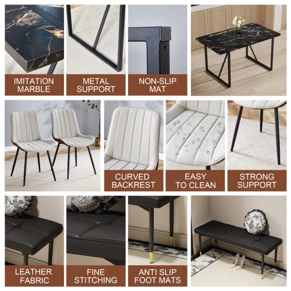 12c7e2b84b5642449e72db1a8f9db88d_d3c5b138b46e163553319119843ee380 Table and chair set.Modern Black Marble Pattern MDF Dining Table Set - 55"x31.4" with 4 Extended Seat Cushion PU Dining Chairs and 1 Bench,A Choice of Subtle Luxury for Modern Homes.
