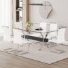 Table and chair set.Elegant Transparent Tempered Glass Dining Set - 71"x35.4" with 6 White PU Chairs with silver C-tube metal leg.