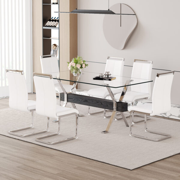 12ccf5c019be4ebab62a51451fe810cd_a369fd9090d28fba911b5f14a89f9b44 Table and chair set.Elegant Transparent Tempered Glass Dining Set - 71"x35.4" with 6 White PU Chairs with silver C-tube metal leg.