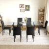 Table and chair set.79"x31.5" Inch Tempered Glass Tabletop With X-shaped Black Metal Table Legs,Wood Grain Textured MDF Crossbeam.Paired With 6 Black PU Dining Chairs, Simple And Versatile.