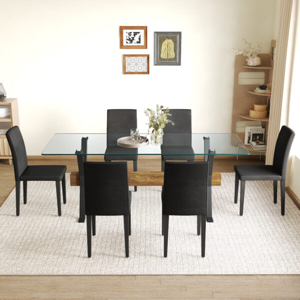12d2416b45714ba885623198394bee40_2942ef29324f1c5b65ffe48ccb94cf09 Table and chair set.79"x31.5" Inch Tempered Glass Tabletop With X-shaped Black Metal Table Legs,Wood Grain Textured MDF Crossbeam.Paired With 6 Black PU Dining Chairs, Simple And Versatile.