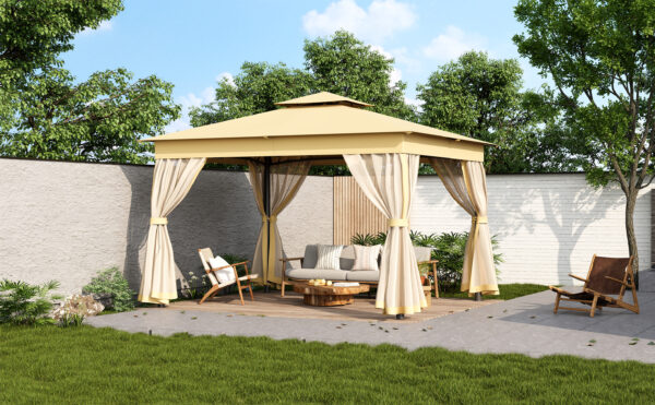 TREXM 10x12 Outdoor Gazebo Tent with Double Roofs, Patio Gazebo with Mosquito Netting, Patio Canopy for Backyard, Garden, Lawn and Deck (Beige)