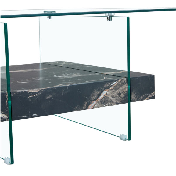 12d6ce845169484c9a2e92c7adc8d65d_a23a645dff2332e3df2ccb31dd6f47e9 31.4 Inch Modern Two-Tier Square Coffee Table - An Elegant Combination of Clear Glass and Black Marble Pattern Sticker.It can be used as a coffee table,a side table or a display stand.