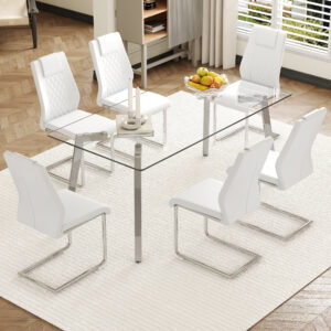 Table and chair set.71 * 35.4 inch rectangular dining table.Tempered Glass Tabletop,Silver 7-shaped Metal Table Legs.Paried With 6 White High-quality PU Chairs With Arched Metal Legs.
