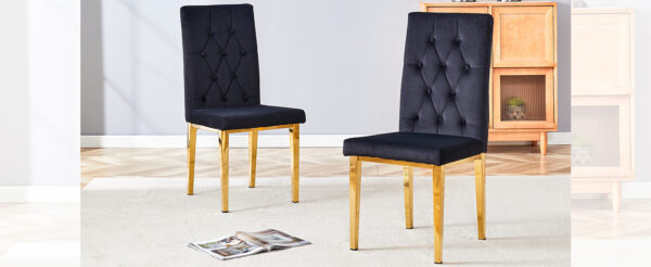 1322163052354ddb8ec8a41262a567ce_f827c154c135f73f7e3b132141f1c8c3 2 piece dining chairs.The gold metal legs complement the black velvet, showcasing a perfect blend of modern and classic elements.Suitable for various occasions such as kitchens,conference rooms, etc.