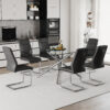 Table and chair set.Modern Luxurious Transparent Tempered Glass Dining Table Set with 6 Chairs.Single fork silver metal table legs.Black high-quality PU dining chairs with silver metal legs.