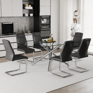 Table and chair set.Modern Luxurious Transparent Tempered Glass Dining Table Set with 6 Chairs.Single fork silver metal table legs.Black high-quality PU dining chairs with silver metal legs.