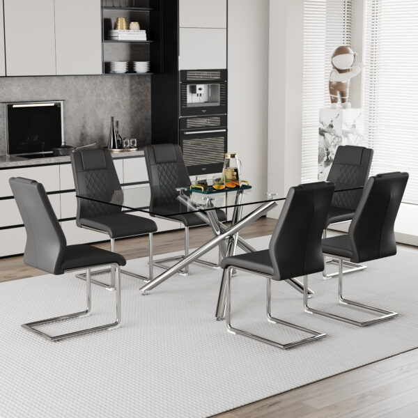 13312c6ee7554c0797560c6d4eb7c91b_f4df6359077aa11f92dd2ee6ff87a233 Table and chair set.Modern Luxurious Transparent Tempered Glass Dining Table Set with 6 Chairs.Single fork silver metal table legs.Black high-quality PU dining chairs with silver metal legs.