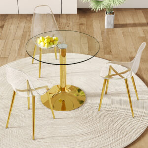 Table and chair set.A 35" Transparent Tempered Glass Round Dining Table-Golden Metal Bracket and Base.Paired with 3 transparent plastic dining chair,golden metal legs,Integrated backrest cushion.