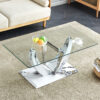Modern minimalist transparent tempered glass coffee table with marble patterned MDF legs and stainless steel decorative columns. Computer desk. Game table. CT-907