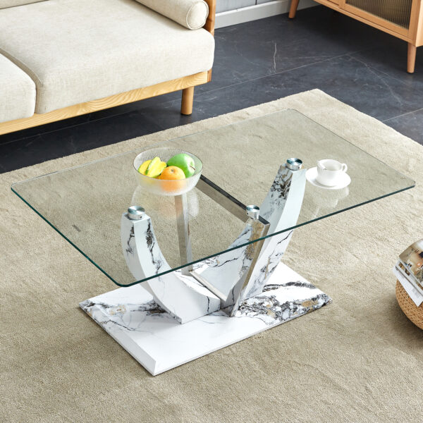 1367ae3acaef4424bc17ecf84440602e_20240206_0ddff4b16bc3be39d2138dc6c85052c2 Modern minimalist transparent tempered glass coffee table with marble patterned MDF legs and stainless steel decorative columns. Computer desk. Game table. CT-907