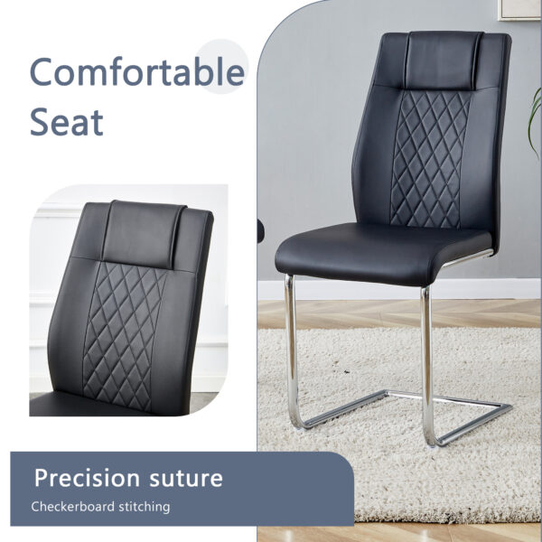 1375975c9f7f4db0a1c148721209fe5c_04dab8845b205df66ff39162a35e1c8a Table and chair set.63"x31.5x30" Black Marble-Patterned Slabs Tabletop with Stainless Steel Butterfly Legs.Paried with 6 Black high-quality PU chairs with silver metal legs.
